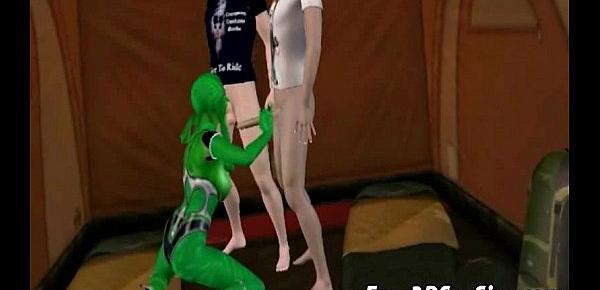 3D cartoon alien babe sucking and tugging two cocks